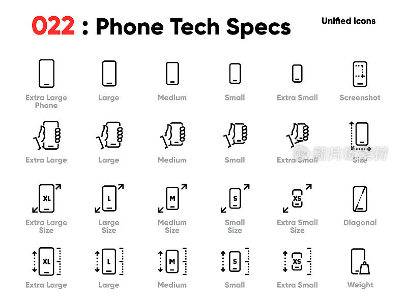 Set of Phone Specifications and Compare Smartphones Line Unified Icons. Includes waterproof IP, Diagonal, Weight, Size and other. Editable Stroke.